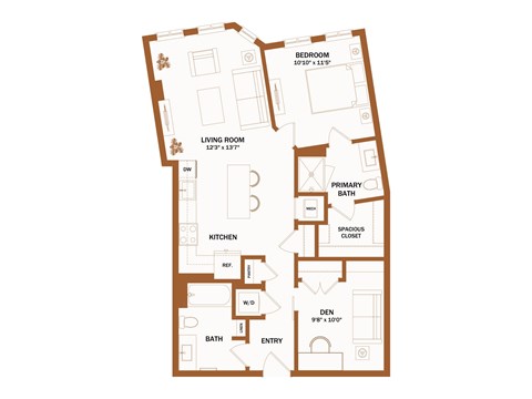 A floor plan of a house with a living room, kitchen, and two bathrooms.